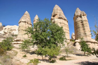 Aşınmış yüksek bacalar ya da tepeler, yukarıda dengelenen daha sert taşlar ve aşağıdan bakıldığında daha yumuşak sütunu kaplıyorlar.