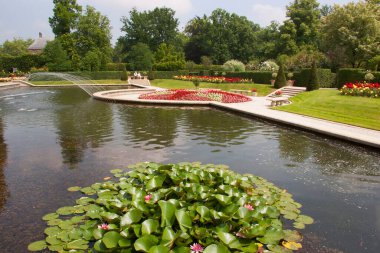 Havuzu ve yeşilliği olan güzel botanik bahçesi manzarası