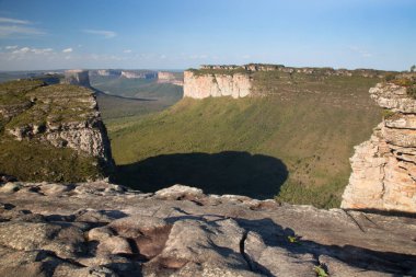 Güneşin yemyeşil olduğu kayalık manzaralı güzel bir manzara.