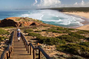 Sahilde yürüyen güzel bir kadın resmi.
