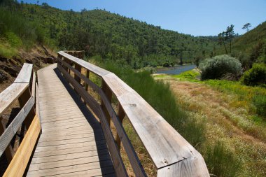 Yeşil ve dağlık manzaralı ahşap bir köprü.