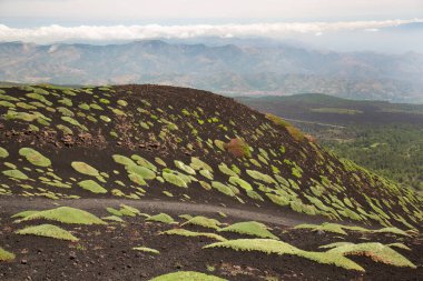 Etna Dağı 'nın krater kenarı lav tarlaları ve dik yamaçlar. Çakıl taşlarıyla kaplı. Güçlü öncü bitkiler tarafından büyütülmüş.