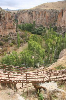Ihlara Vadisi kanyonu. Nehir kıyısında yeşil ağaçlar var. Kanyon zemininde yüzüyor.