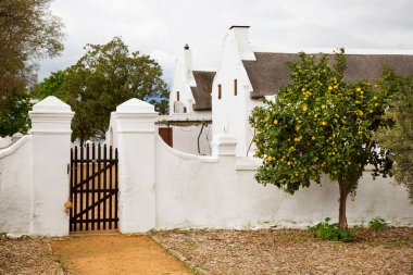 Tipik tarihi Hollanda sömürge çiftlikleri ve kırsal bir şehrin sokaklarındaki ev