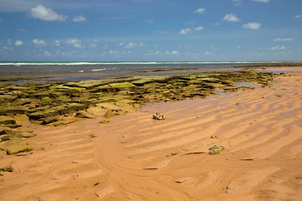 Gyönyörű Strand Jelenet Zöld Sziklák — Stock Fotó