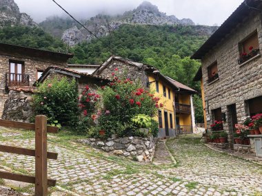 Yüksek dağ zirveleri arasındaki vadideki tipik tarım köyü.