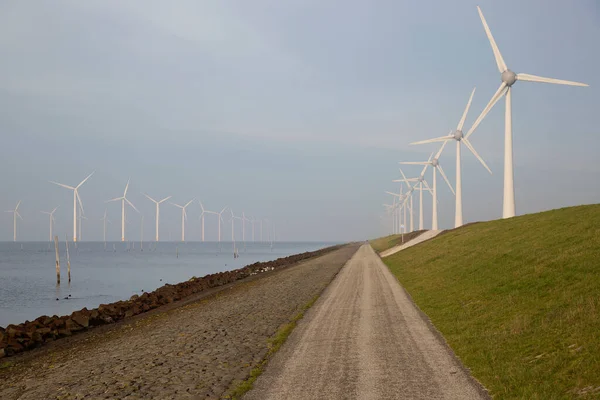 long row of modern wind turbines for the generation of clean energy near the polder dike and into the water