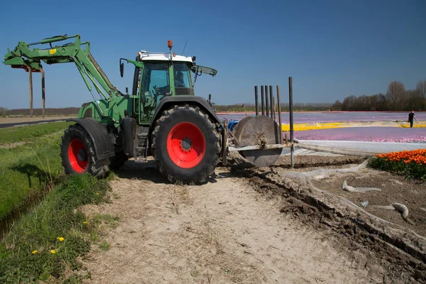 Över Traktor Och Människor Som Arbetar Blommor Fält Nederländer — Stockfoto