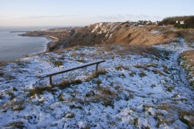 Deniz kıyısındaki boş ahşap bank  