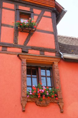 Almanya 'da küçük bir köyün penceresinde çiçekli evlerin cepheleri.