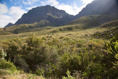 Dağları ve mavi gökyüzü olan güzel bir manzara. 