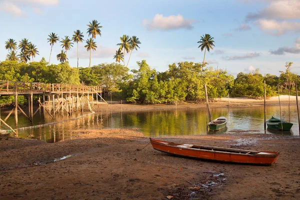 Fischerboote Strand Mit Tropischem Grün Festgemacht — Stockfoto