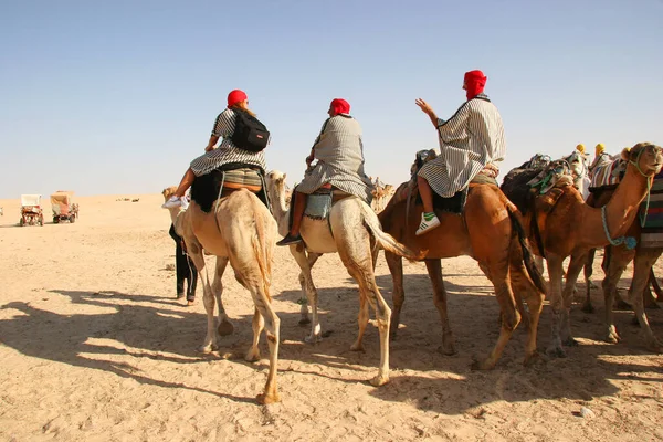 Θέα Των Ανθρώπων Που Ιππεύουν Καμήλες Στην Έρημο — Φωτογραφία Αρχείου