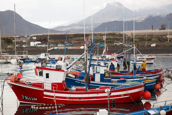 Limanda demirli tekneler ve arka planda dağlar.