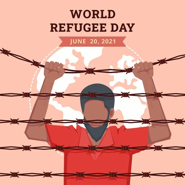 Světový Den Uprchlíků Pozadí Muslimem Ostnatým Drátem Hledají Domov Plochý — Stockový vektor