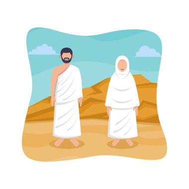 Hac ve umrah İslami Hac ayini için rehber tasarımı. Dua için ihram giysiler giyen Müslüman karakterlerin düz stil illüstrasyonu.