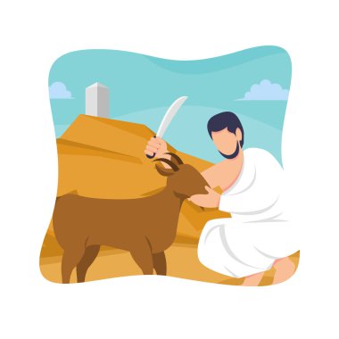 Hac ve umrah İslami Hac ayini için rehber tasarımı. Müslüman karakterlerin düz stil illüstrasyonu hayvan olarak keçiyi kurban ediyor..