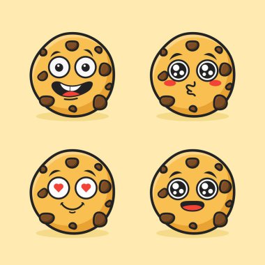 Bir set çikolata parçacıklı kurabiye maskot karakter tasarımı. Kawaii çizgi film stili vektör çizimi. Isırılmış, çatlamış, sersemlemiş ve komik ifadeli çılgın kurabiyeler..