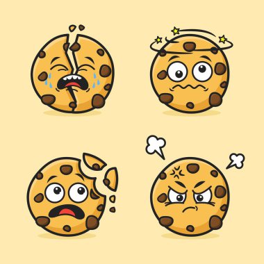 Bir set çikolata parçacıklı kurabiye maskot karakter tasarımı. Kawaii çizgi film stili vektör çizimi. Isırılmış, çatlamış, sersemlemiş ve komik ifadeli çılgın kurabiyeler..