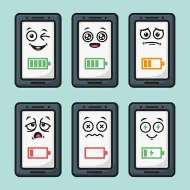 Akıllı telefon maskotu tasarımı seti. Kawaii çizgi film stili vektör çizimi çeşitli akıllı telefon duygularının komik yüz ifadesi ile pil yaşam statüsüne doğru çizimi