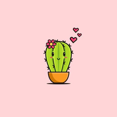 Şirin kaktüs maskotu tasarımı. Kawaii çizgi film stili vektör ikonu. Komik yüz ifadesi olan sevimli, ukala ve deli kaktüsün çizimi..