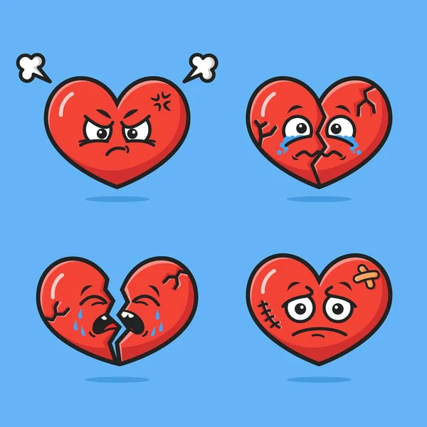 Roztomilé Srdce Maskot Charakter Design Kawaii Kreslený Styl Vektorové Ikony — Stockový vektor