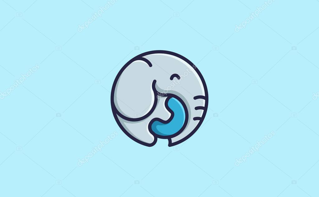 Cute baby elephant with circle shape logo character design. Cartoon style vector mascot icon of smiling baby elephant playing and hugging a ball.