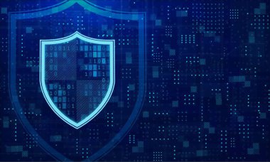  Neon Shield. Koyu mavi rengin soyut arkaplanı. Noktaların ve karelerin dokusu. Bilgi güvenliği ve güvenlik tasarımı. Soyut teknolojilerin arka planında dijital reklam panosu.