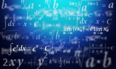Soyut mavi gradyan arka plan teknolojisi. Matematiksel denklemlerin tasarımı, formüllerin dokusu, dijital teknolojiler. Vektör illüstrasyonu