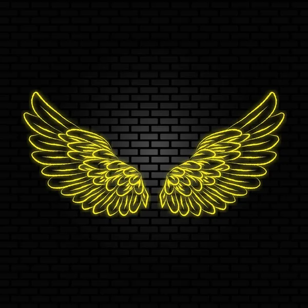 Yellow Angel Wings Neon Sign Bright Glow Brick Wall Background — ストックベクタ