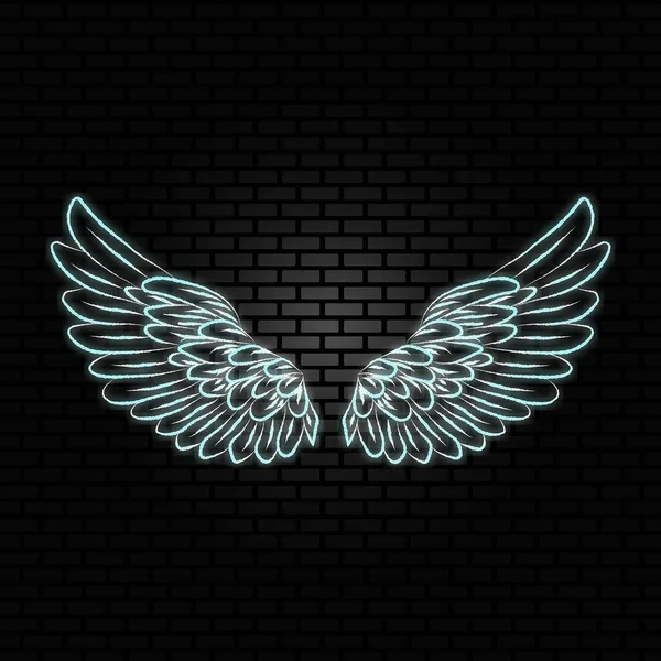 Angel Wings Neon Sign Bright Glow Brick Wall Background Vector — ストックベクタ