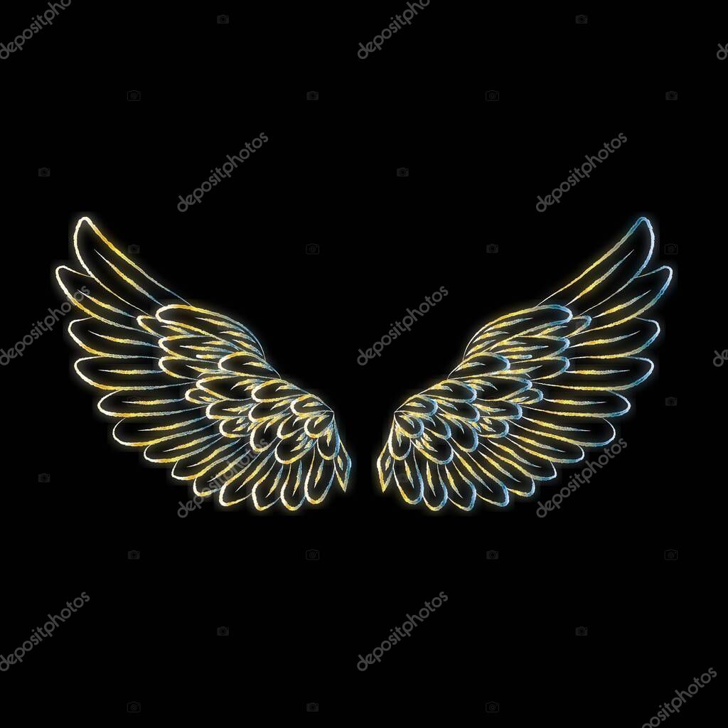 Angel wings neon sign, bright glow, angel wings on black background, metal base, vector illustration