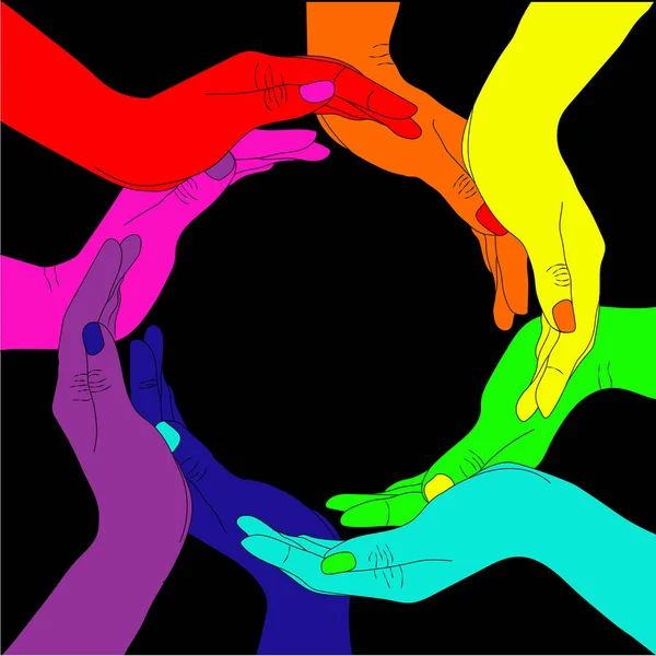 Hands Holding Hands Vector Human Hands United Circle All Colors — Stockový vektor