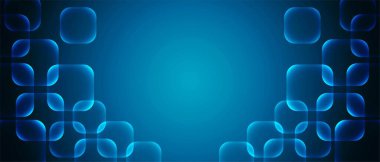 Gradyan mavi neon çerçeve arka planı. Cam morfizmi. Parlak karelerin tasarımı, geometrik şekillerin dokusu, LED şeritleri, uzay. Vektör illüstrasyonu