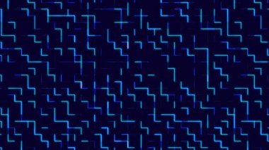 Kareler boyunca hareket eden ince ve kalın çizgilerin soyut neon arkaplanı. Hareketli duvarları olan bir labirent tasarla. Sosyal ağlar, web siteleri için doku. Işık yolları. LED şerit. 4k çözünürlüğü