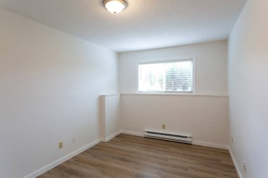 Beyaz duvarları ve yeni sert ahşap kaplama döşemeleri olan yenilenmiş apartman dairesi kiralama ünitesi..