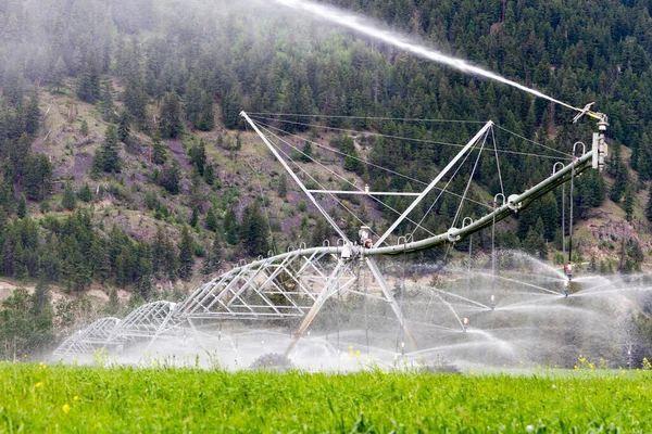 Center pivot irrigation equipment watering an alfalfa field in Kamloops, British Columbia, Canada.