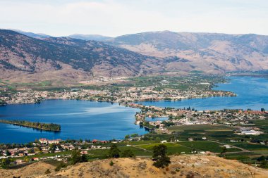 Kanada 'nın British Columbia kentindeki Okanagan Vadisi' nde Osoyoos ve Osoyoos Gölü 'ne bakan tarım ve üzüm bağları manzarası. 