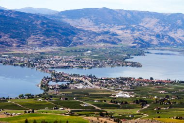 Kanada 'nın British Columbia kentindeki Okanagan Vadisi' nde Osoyoos ve Osoyoos Gölü 'ne bakan tarım ve üzüm bağları manzarası. 