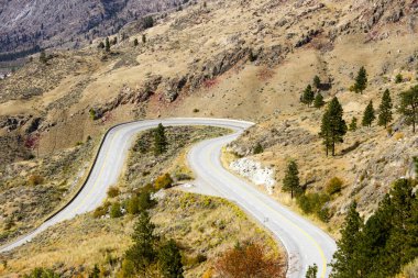 Osoyoos, British Columbia, Kanada çevresindeki dağlarda ve tepelerde dolambaçlı bir kır yolu manzarası.