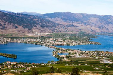 Kanada 'nın British Columbia kentindeki Okanagan Vadisi' nde Osoyoos ve Osoyoos Gölü 'ne bakan tarım ve üzüm bağları manzarası. 