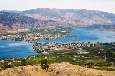 Kanada 'nın British Columbia kentindeki Okanagan Vadisi' nde Osoyoos ve Osoyoos Gölü 'ne bakan tarım ve üzüm bağları manzarası. 
