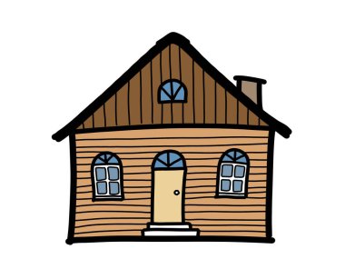 Küçük, ahşap bir kulübe. Beyaz arka planda Kuzey Amerika tarzı bir bungalov evi. Gayrimenkul, konsept.