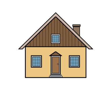 Küçük, ahşap bir kulübe. Beyaz arka planda Kuzey Amerika tarzı bir bungalov evi. Gayrimenkul, konsept.