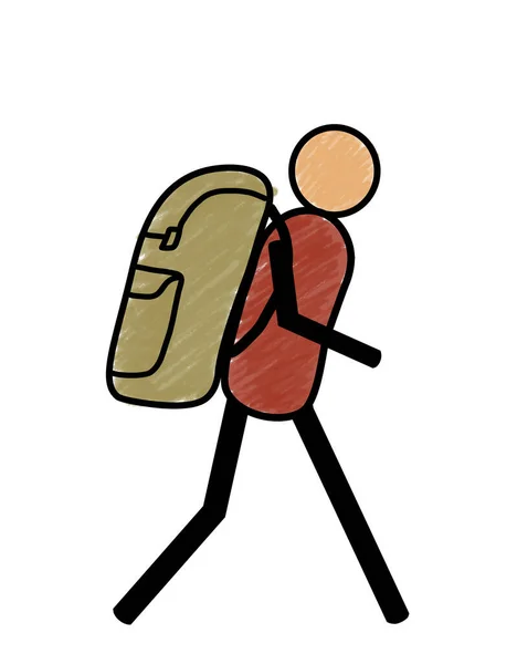 Podróżnik Podróżnik Turysta Figura Kija Lub Kij Człowiek Niosący Plecak — Zdjęcie stockowe