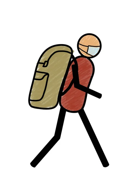 Backpacker Traveler Tourist Person Stick Figure Stick Man Wearing Protective — Stock Photo, Image