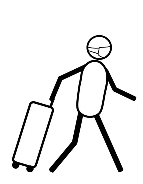 スティック図や棒男人旅行者は 保護顔マスクを着用し 旅行のスーツケースと歩いてください 黒と白のアウトライン描画 白地に隔離された — ストック写真