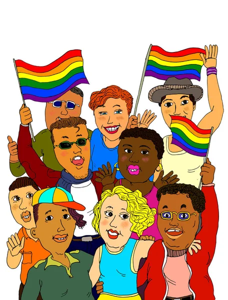 Grupo Jóvenes Adultos Lgbtq Celebran Orgullo Gay Con Banderas Arco —  Fotos de Stock