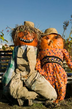 Canlı kıyafetler giymiş iki neşeli balkabağı korkuluğu, Cadılar Bayramı için bitkilerle çevrili güneşli bir bankta, ahşap bir bankta oturuyor..