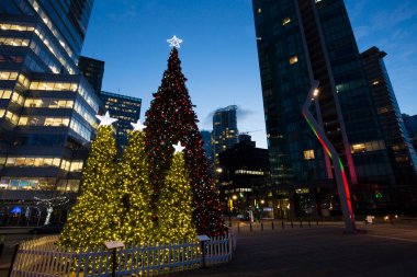 Vancouver, Kanada - 13 Aralık 2014: Vancouver, British Columbia, Kanada şehir merkezindeki Jack Poole Plaza 'da aydınlatılmış Noel ağacı.